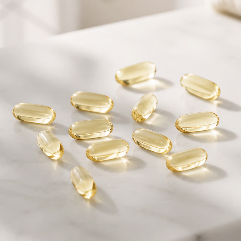 Golden translucent softgel capsules
