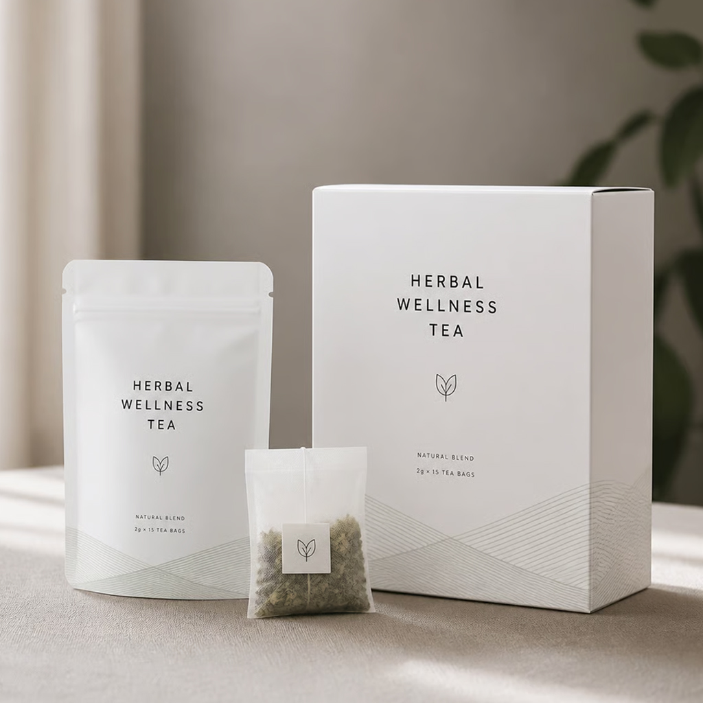 Herbal wellness tea bags and packaging