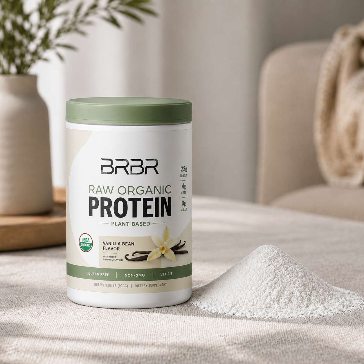 Vanilla plant protein powder canister and powder