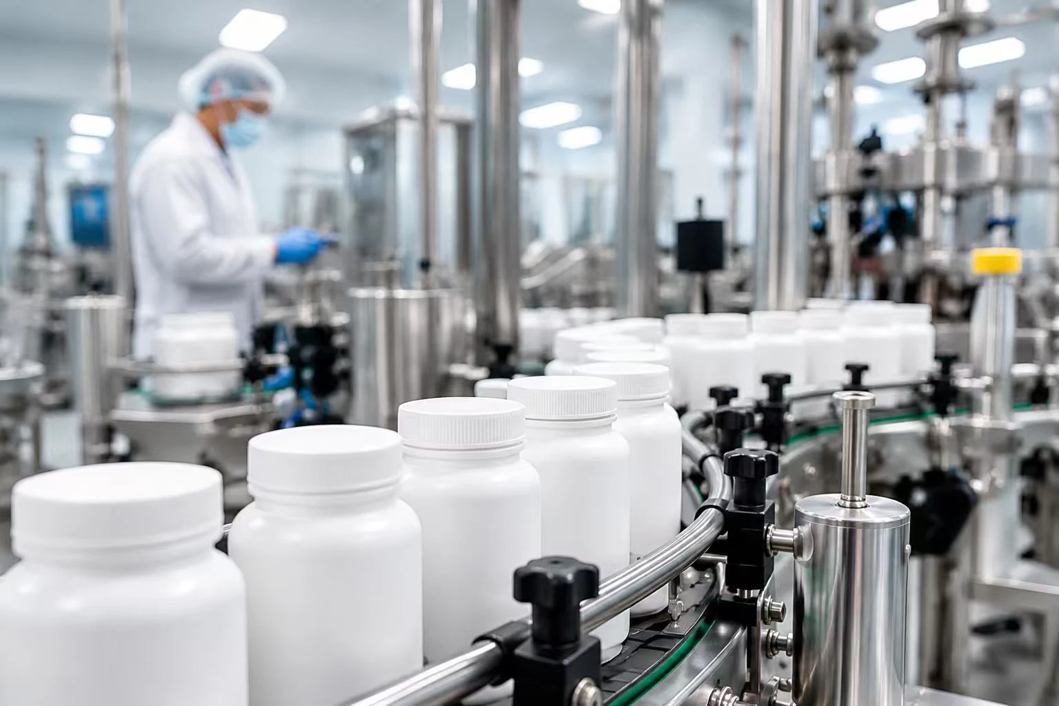 Nutrition product bottling line with a worker wearing a hair cover and mask